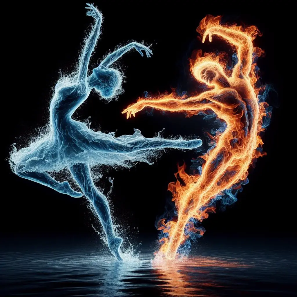 a photorealistic depiction of water that create the contour of a woman and flame that create the contour of a man, they are dancing ballet together. realistic and detailed
